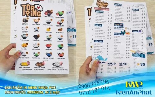 Sản phẩm in menu nhựa pvc tại kiến an phát, kích thước 20x28cm, in 2 mặt
