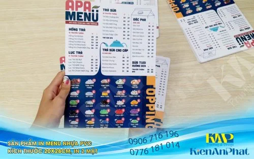 Sản phẩm in menu nhựa pvc tại kiến an phát, kích thước 20x28cm, in 2 mặt